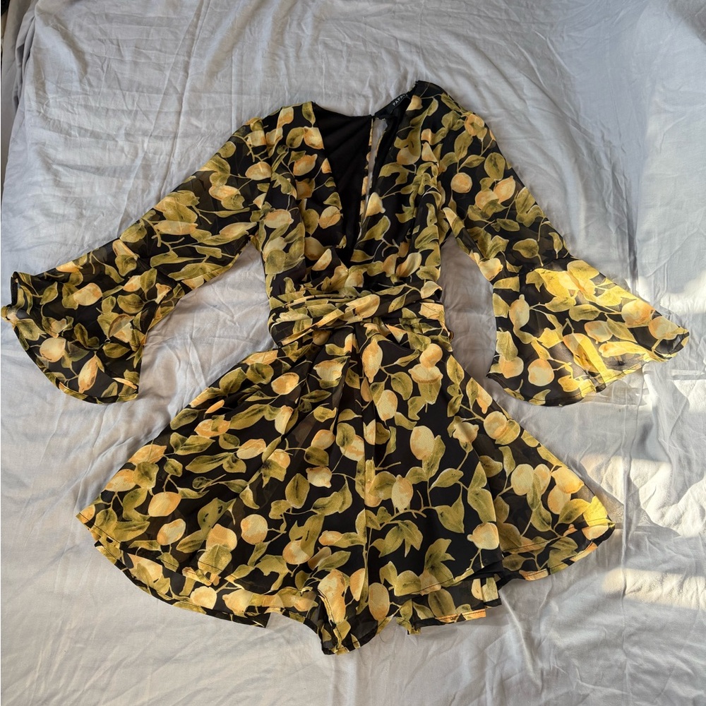 Papaya Black Floral Lemon Print Wrap Romper